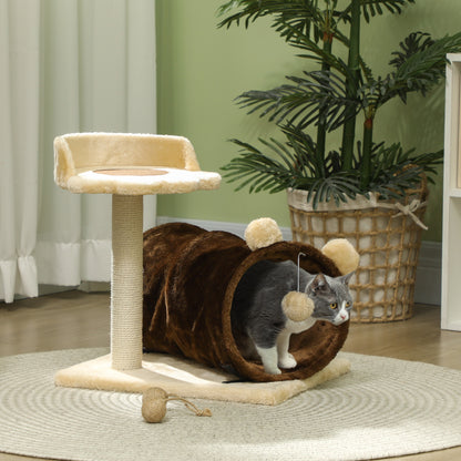 PawHut 47cm Small Cat Tree w/ Scratching Post, Bed, Cat Tunnel, Toy Ball, Dark Brown / Grey