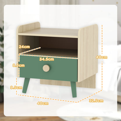 Kids Bedside Table with Drawer & Open Storage Shelf | Pine Legs | Wipe-Clean Melamine Surface | 40x32.5x40cm | Ages 3–10 | 5kg Capacity | MDF & Pine | Assembly Required | Green