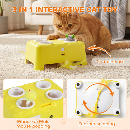 3-in-1 Interactive Cat Toy | Popping Mouse | Spinning Feather | USB-C | 15-Min Auto-Rest | Multi-Cat | Yellow