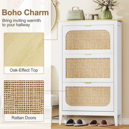 Boho Narrow Shoe Cabinet | 3 Flip Drawers | Rattan Doors | Oak-Effect Top | 21 Pairs | Adjustable Shelves | Anti-Tip Kit | 40kg Capacity | 80x24x131cm | White