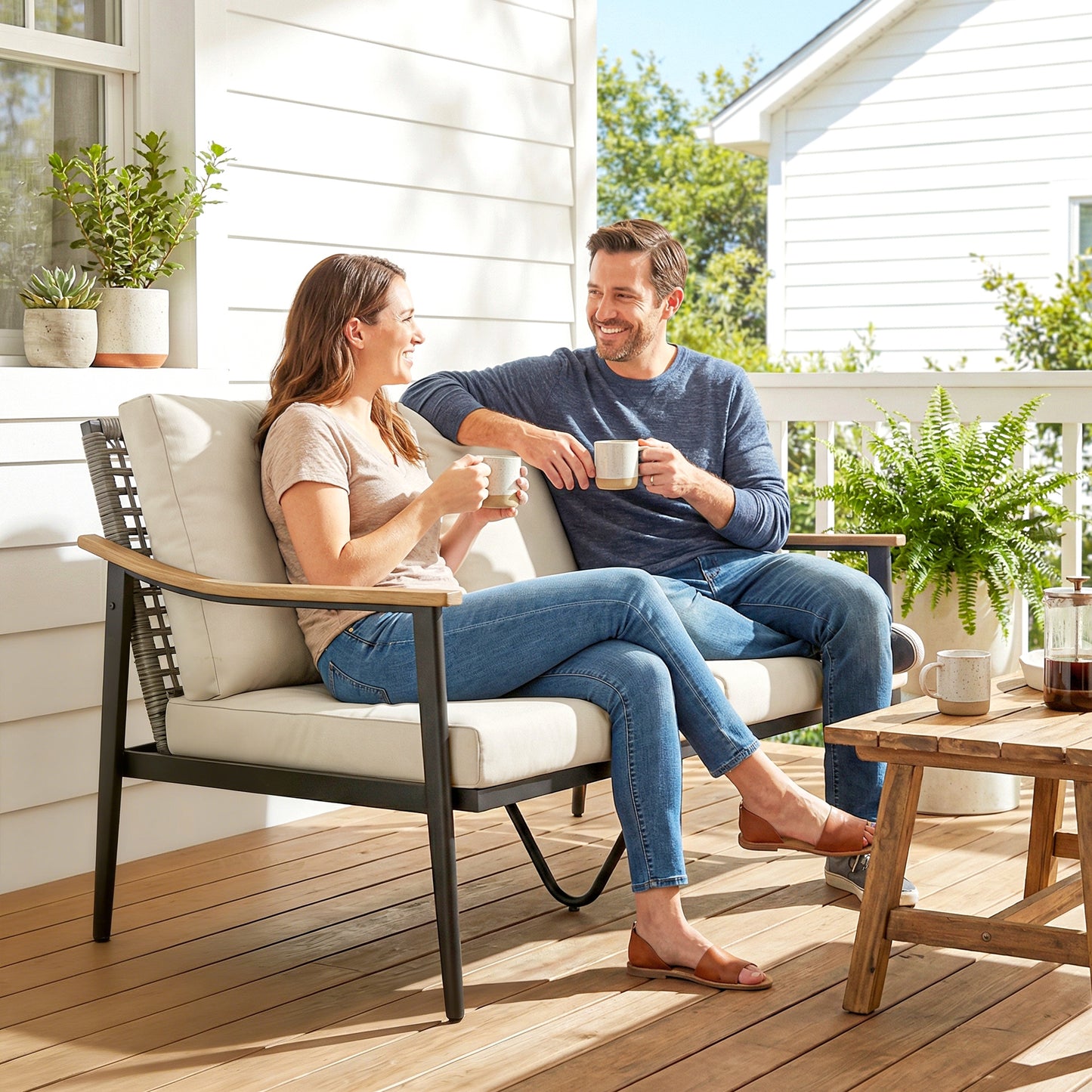 2 Seater Rattan Garden Sofa | Wood-Effect Armrests | Cut-Out PE Rattan Backrest | 8cm Seat & 12cm Back Cushions | Steel Frame | 240kg | 120x75x78cm | Khaki