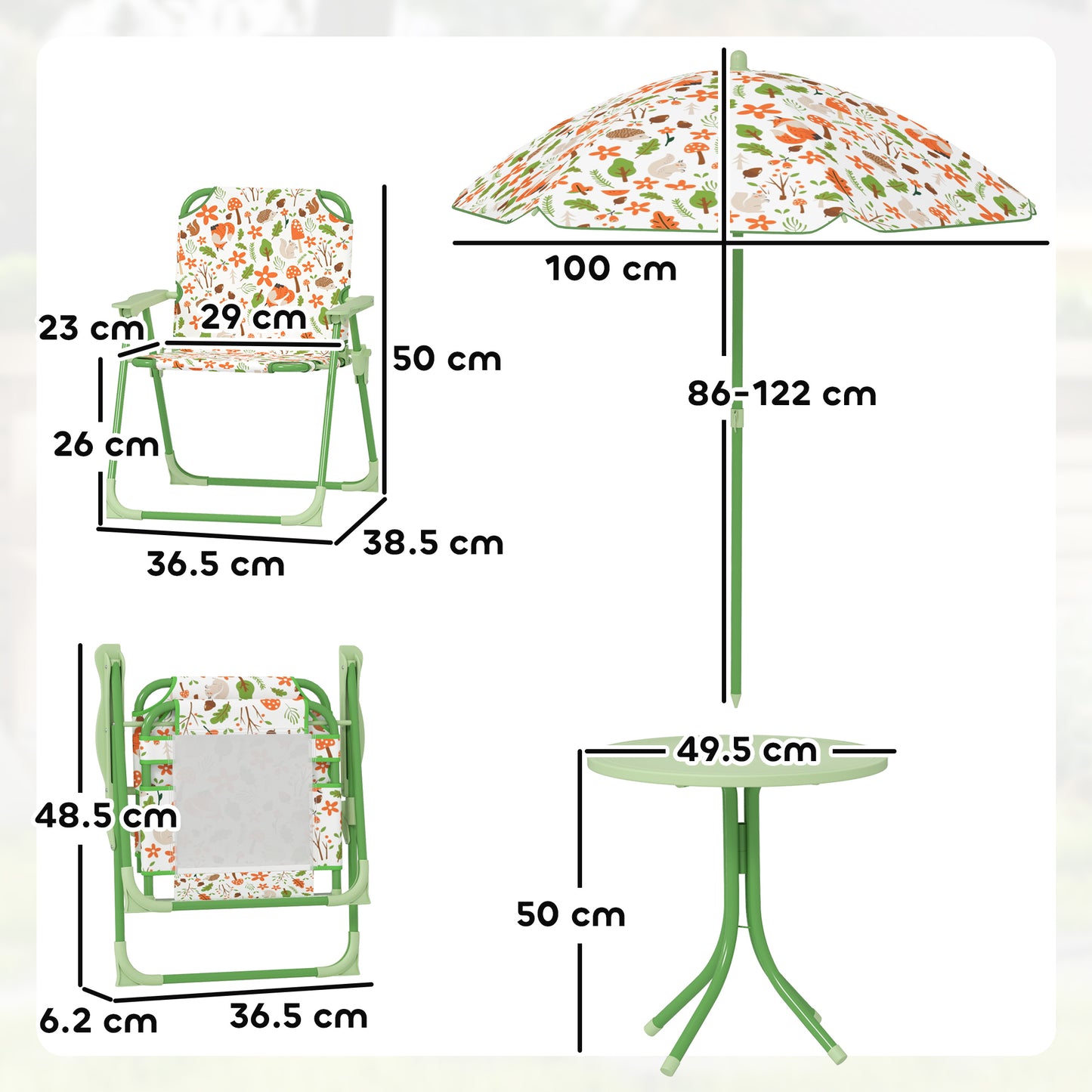 AIYAPLAY 4 Pieces Kids Garden Table and Chair Set with Adjustable Parasol, Folding Chairs, Table, Fox Pattern, Green / Pink
