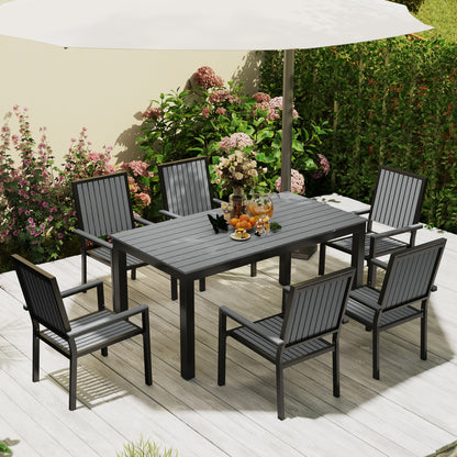 6 Seater Garden Dining Set with Stackable Chairs, Aluminium Frame, Rectangular Plastic Top, Garden Furniture Set, Outdoor Dining Table and Chairs