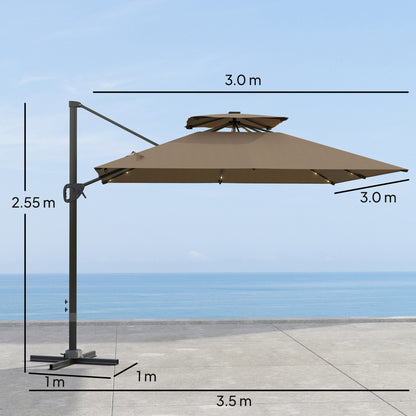 Outsunny 3.5x3 m Garden Cantilever Parasol with Solar LED Lights and Centre Light, Aluminium Large Square Patio Umbrella, UPF50+ Hanging Sun Shade with Cross Base