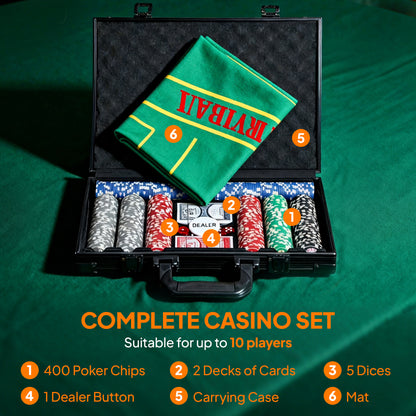 SPORTNOW 400-Piece Poker Chips Set with Lightweight ABS Case, Casino Texas Holdem Poker Set with Mat, 11.5g Numbered Poker Chips, Two Decks of Cards, Dealer, Five Dices, Grey