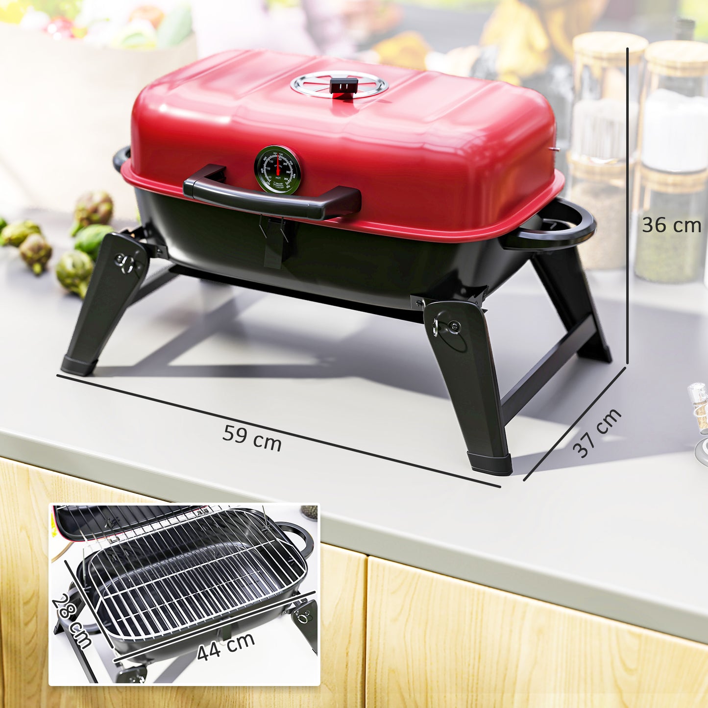 Charcoal Camping Picnic Barbecue Grill Folding BBQ Grill with 1232 cm² Cooking Area, Adjustable Vent, Thermometer, Handles, Red