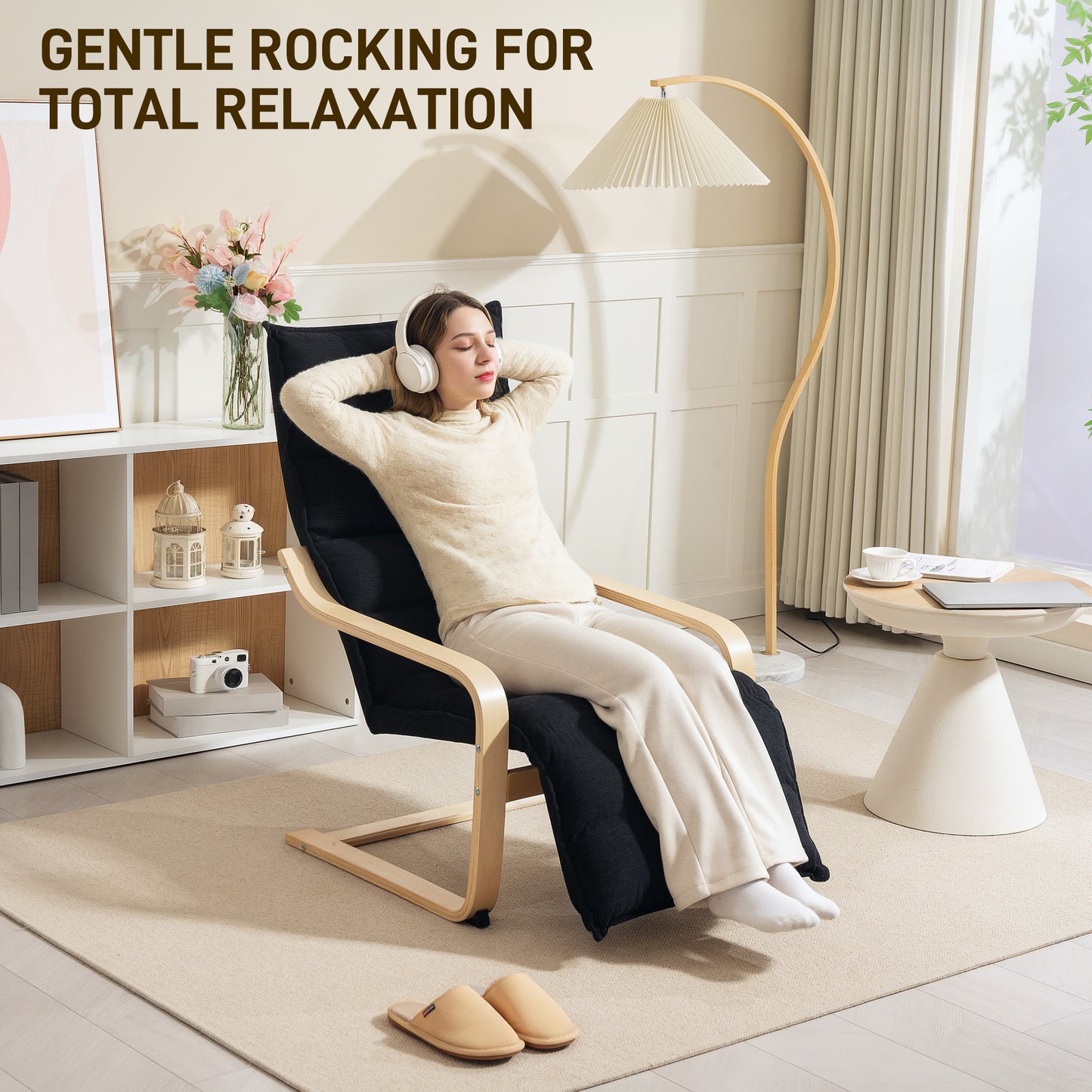 Wood Lounge Chair, Upholstered Recliner Lounge Seat with Adjustable Footrest, Armchair for Living Room, Bedroom, Balcony, Office, Black