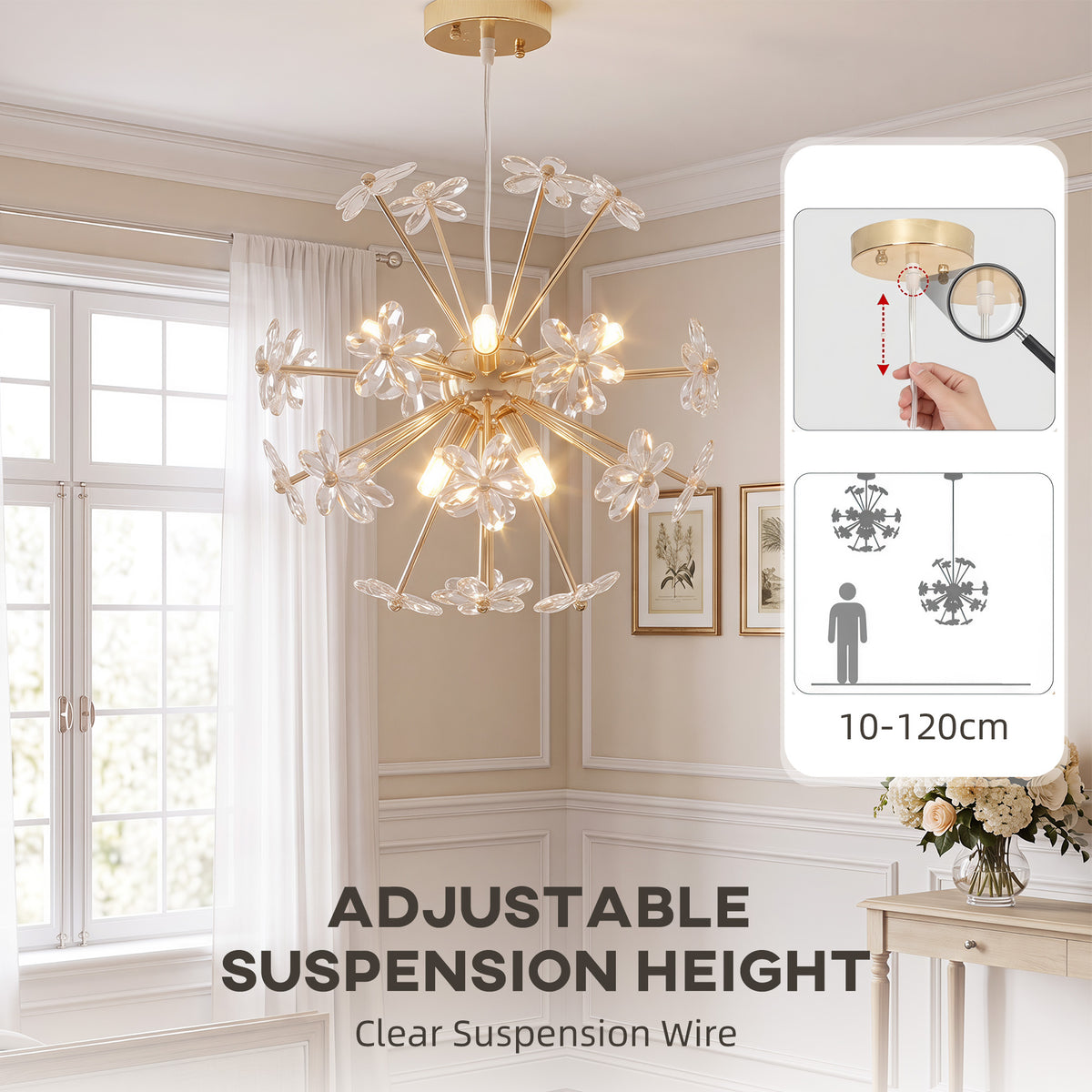 Crystal Flower Chandelier | Gold Tone Ceiling Light with 8 G9 Bulb Holders & Adjustable Suspension | Clear