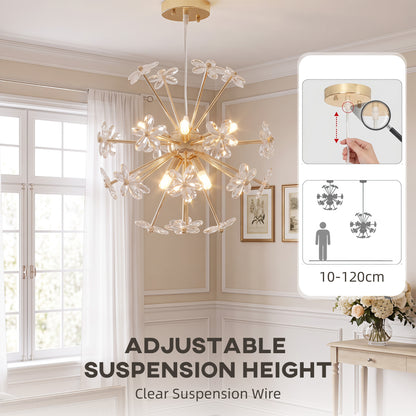 Crystal Flower Chandelier | Gold Tone Ceiling Light with 8 G9 Bulb Holders & Adjustable Suspension | Clear
