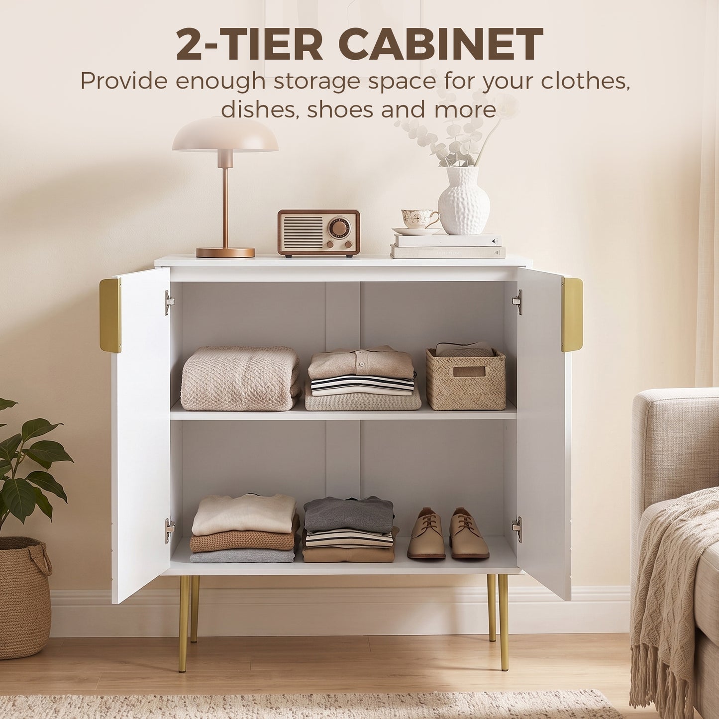 Modern Sideboard Storage Cabinet | Geometric Carved Doors | Adjustable Shelf | Copper-Tone Legs & Handles | Anti-Tip | 50kg | 78x40x88cm | White