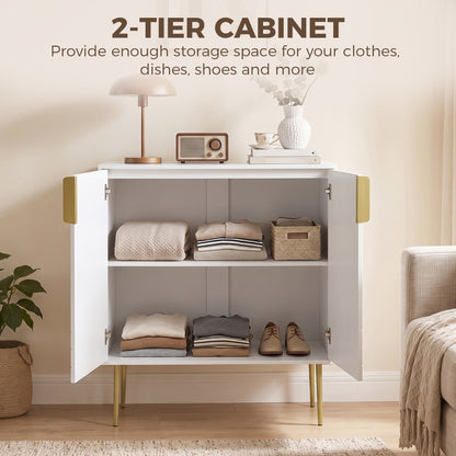 Modern Sideboard Storage Cabinet | Geometric Carved Doors | Adjustable Shelf | Copper-Tone Legs & Handles | Anti-Tip | 50kg | 78x40x88cm | White