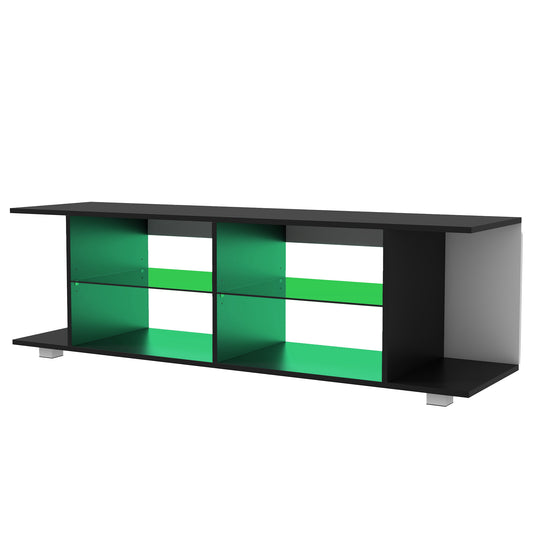 TV Stand, 145cm Modern TV Unit with Glass Shelves, RGB LED Light for 32 40 43 50 52 55 60 inch 4k TV, Black