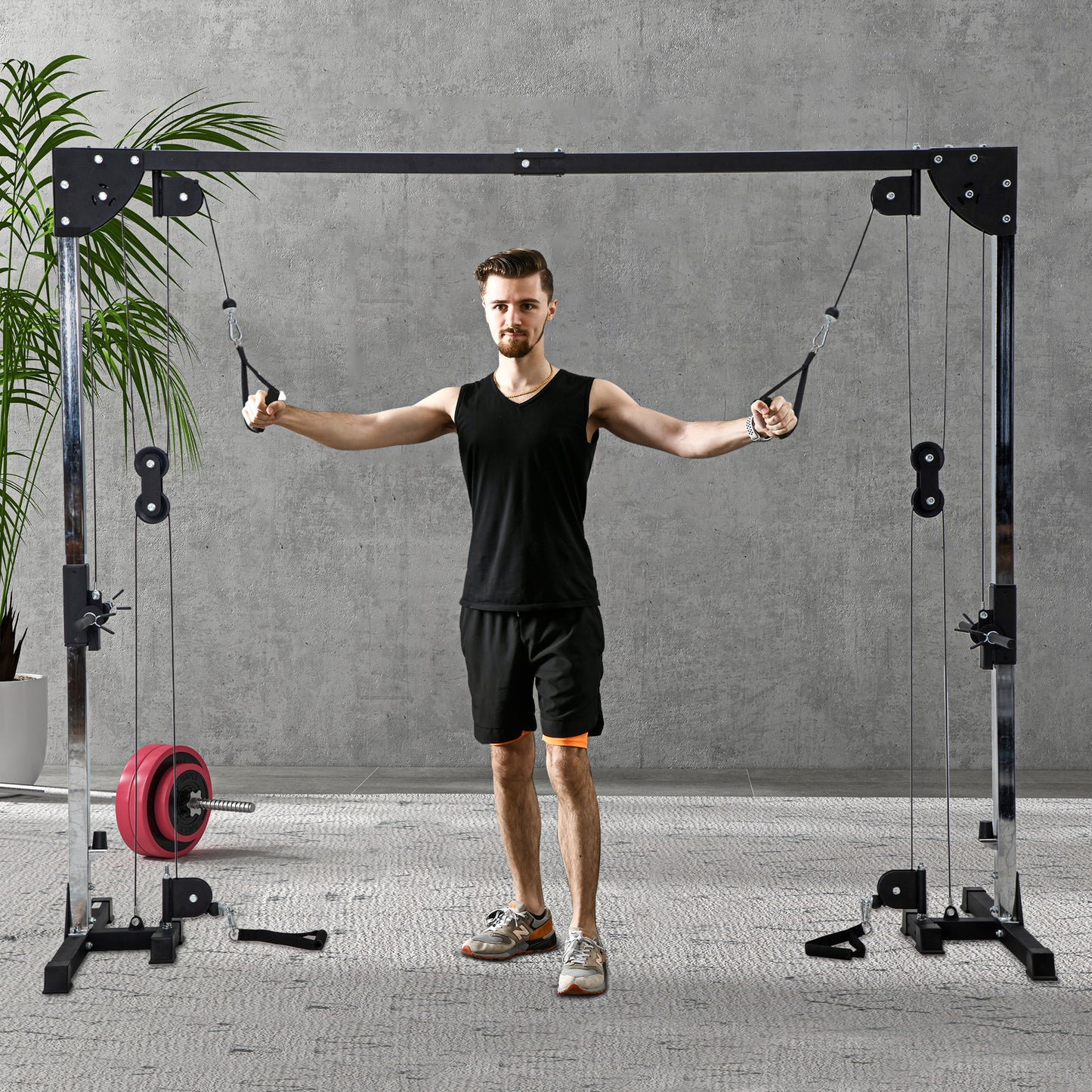 Multi Home Gyms with Cable Pulley System, Cable Crossover Machine with 4 Handles for Full Body Strength Training, Power Rack, Black