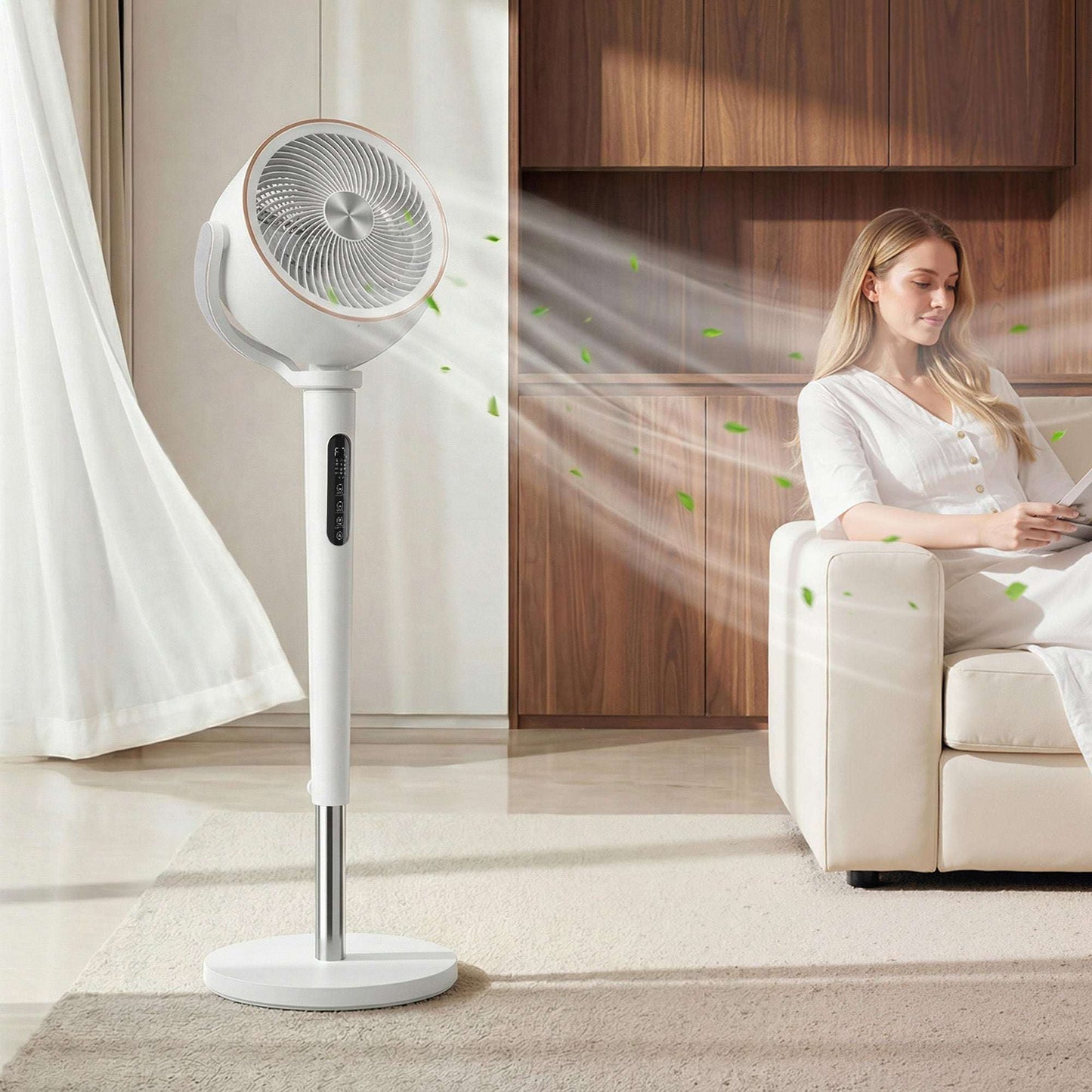 BLDC Pedestal Air Circulator Fan | 20dB Sleep Mode | 717 CFM | 12 Speeds | 3D Oscillation 70°+90° | Night Light & Aromatherapy | Washable Grill | 5m Remote | 12H Timer | 50W | 116.5cm | White