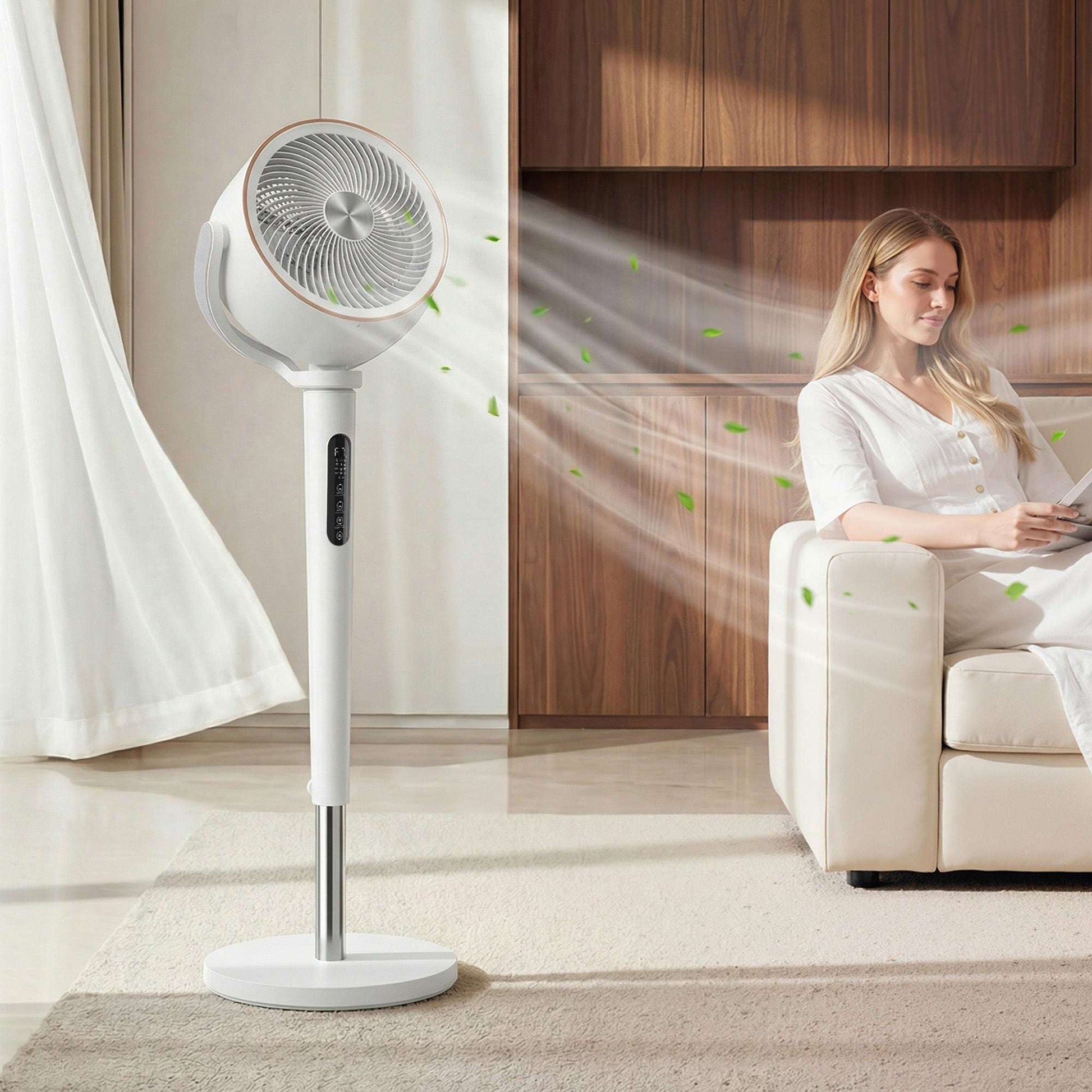 BLDC Pedestal Air Circulator Fan | 20dB Sleep Mode | 717 CFM | 12 Speeds | 3D Oscillation 70°+90° | Night Light & Aromatherapy | Washable Grill | 5m Remote | 12H Timer | 50W | 116.5cm | White