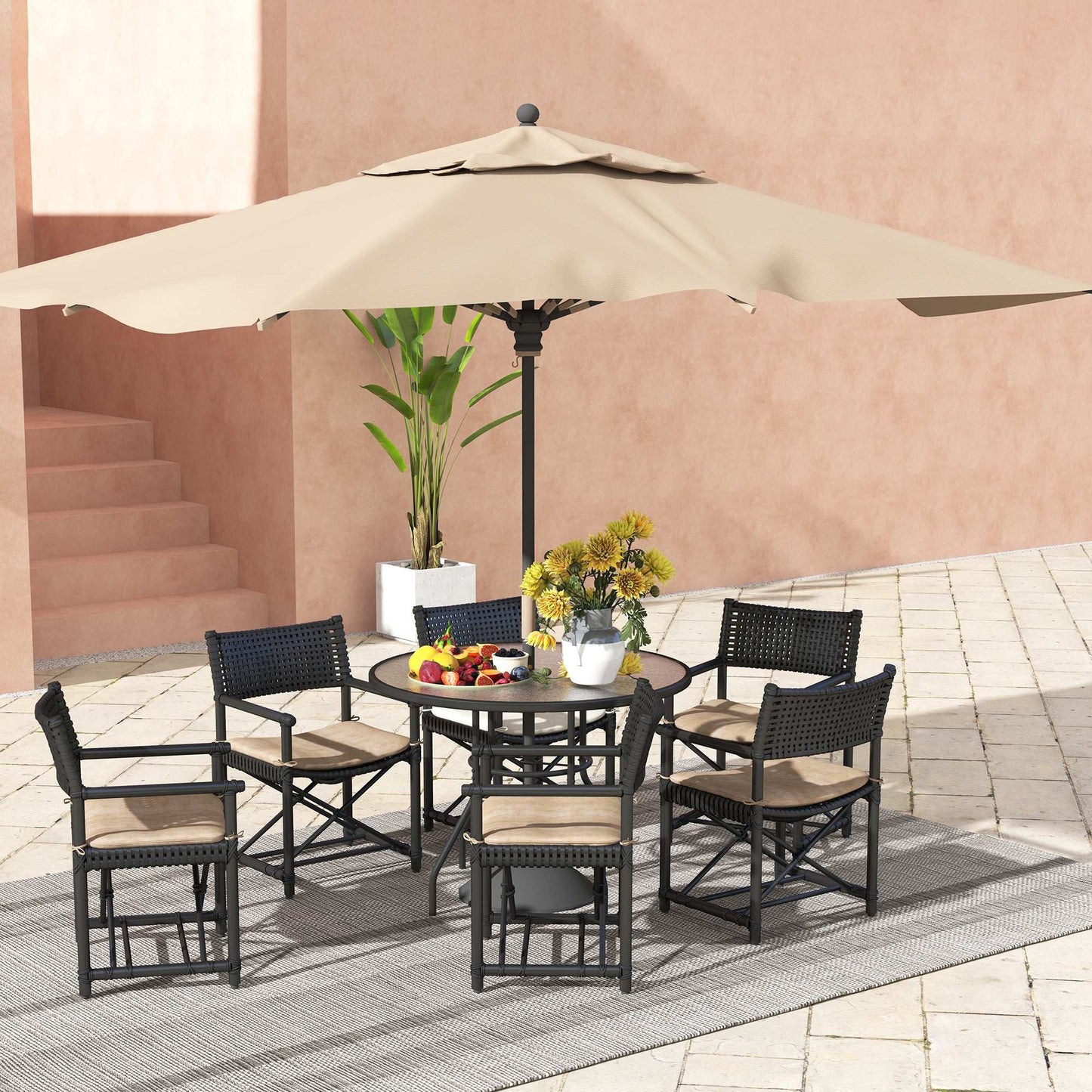 Outsunny 100 cm Round Dining Table with Parasol Hole, Outdoor Tempered Glass Top, Steel Frame for Garden, Black