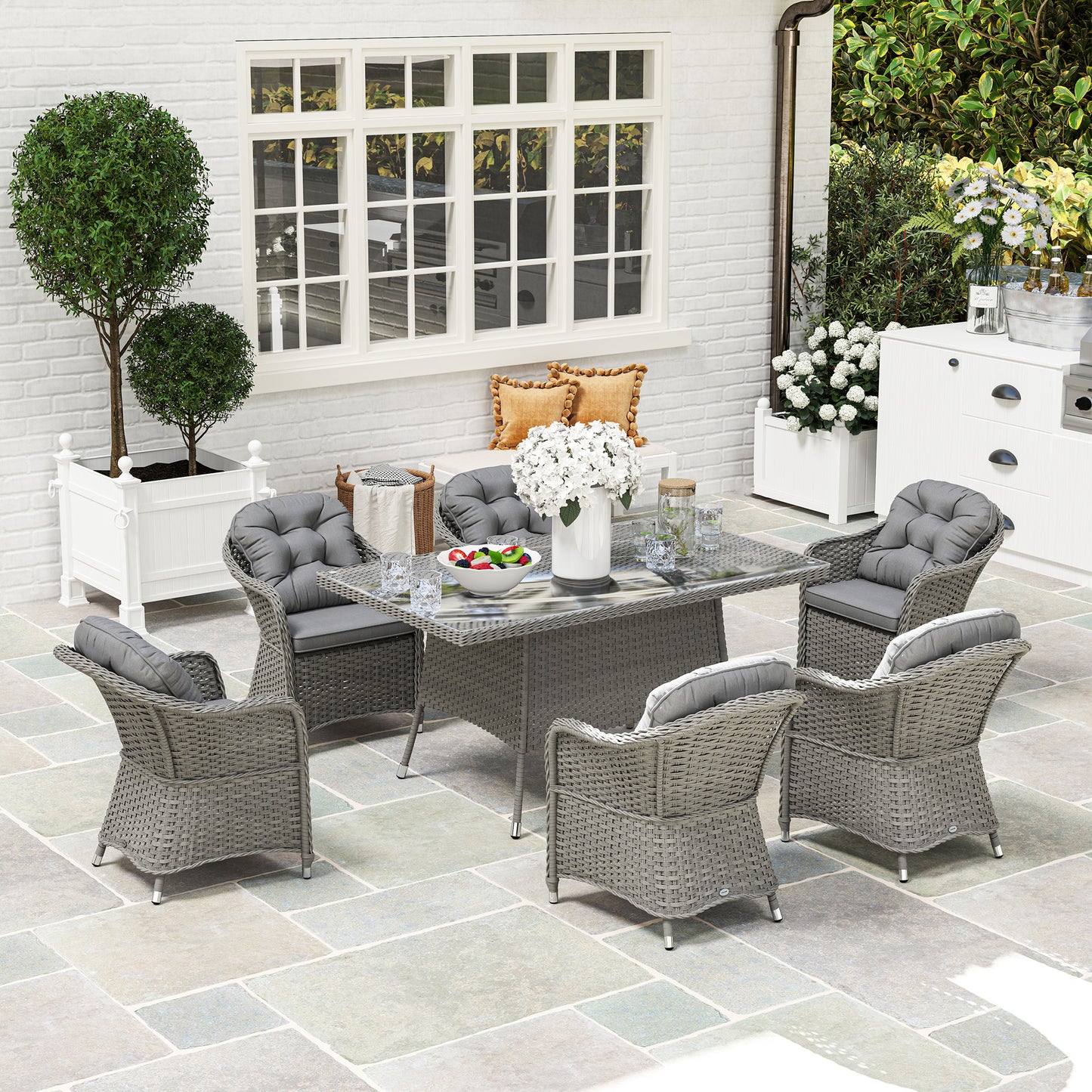 6 Seater Outdoor Garden Furniture Dining Set with Seat and Back Cushions, PE Rattan Table and Chairs, Rectangular Glass Top Table