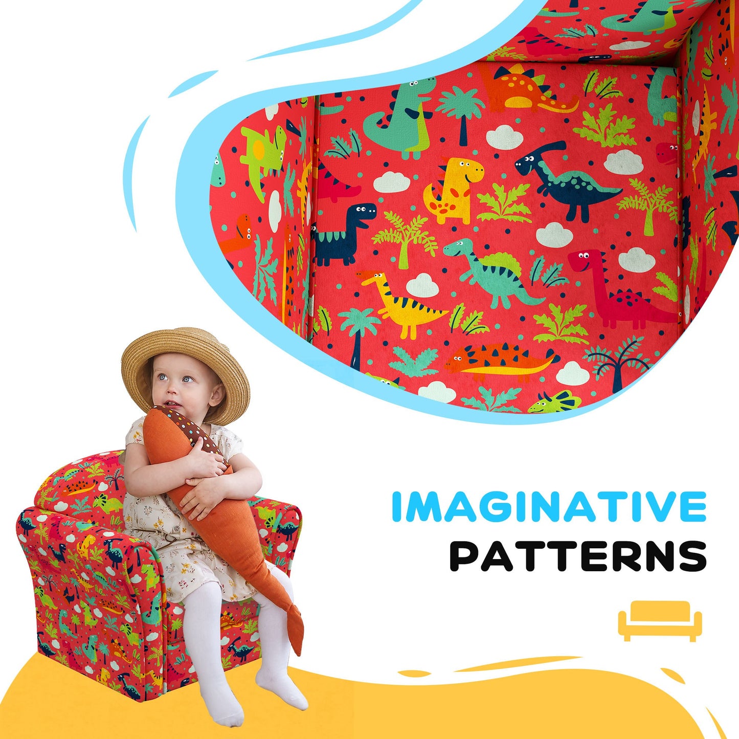 Kids Armchair with Dinosaur / Flamingo Design, Wooden Frame, for Bedroom, Playroom, Kids Room - Different Styles