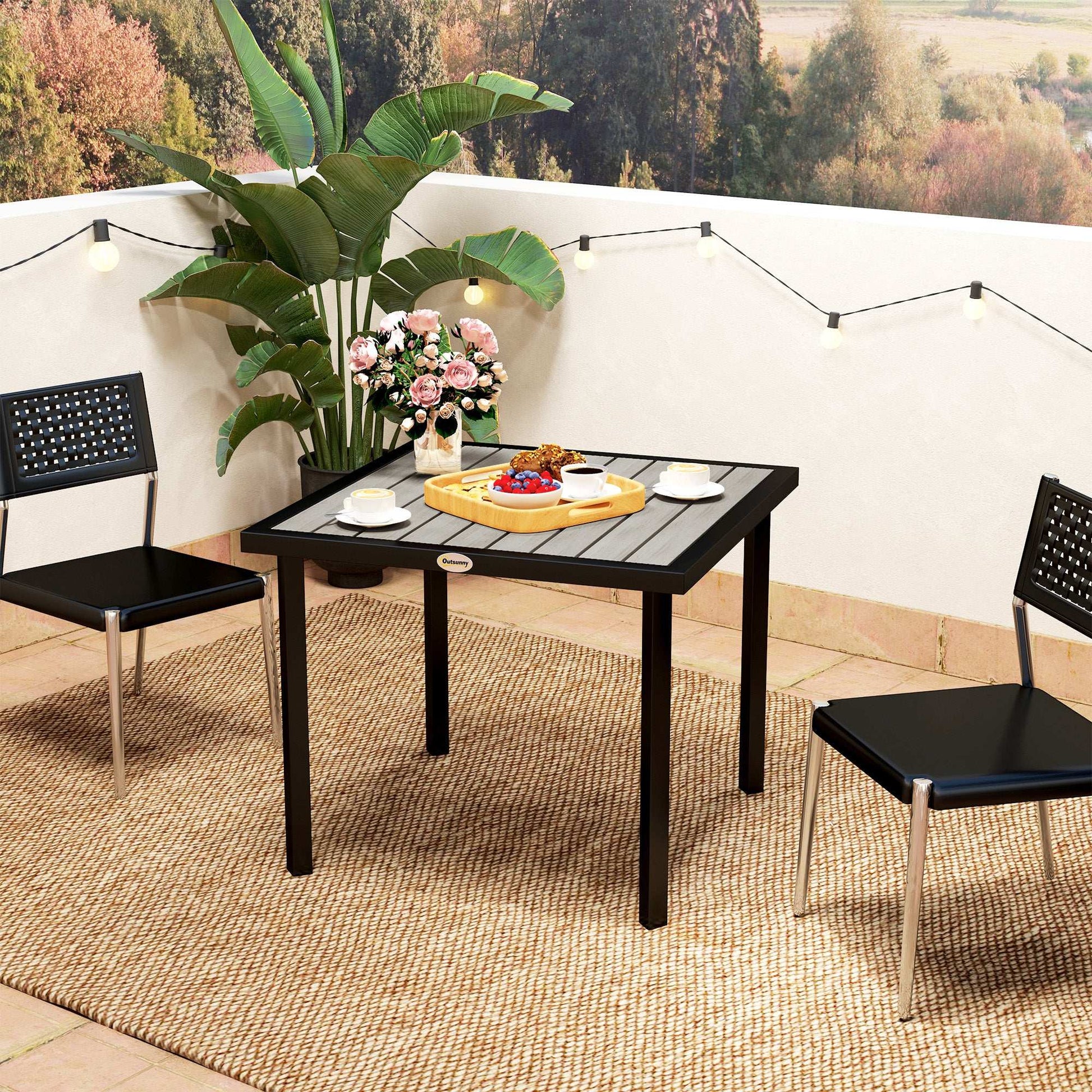 Outsunny Square Garden Dining Table with 5.4cm Parasol Hole, Slatted Top, Metal Frame, 86 x 86 x 71 cm, Light Grey