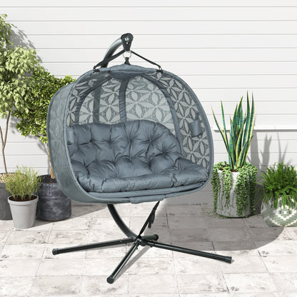 Outsunny Outdoor Double Hanging Chair with Cushion and Cup Holders, Charcoal Grey