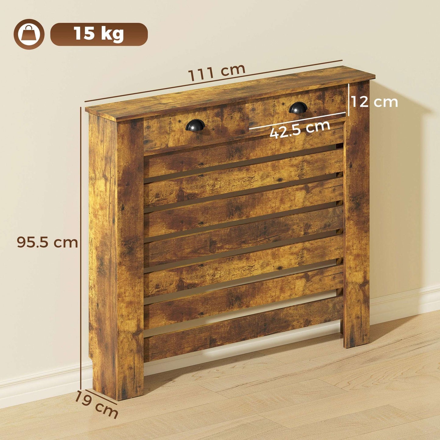 MDF & Particle Board Radiator Cover with 2 Drawers | Slatted Design | Skirting Board Cut-Outs | Easy-Fix Clips | Wood-Effect Top | 5kg Per Drawer | 111x19x95.5cm | Rustic Brown