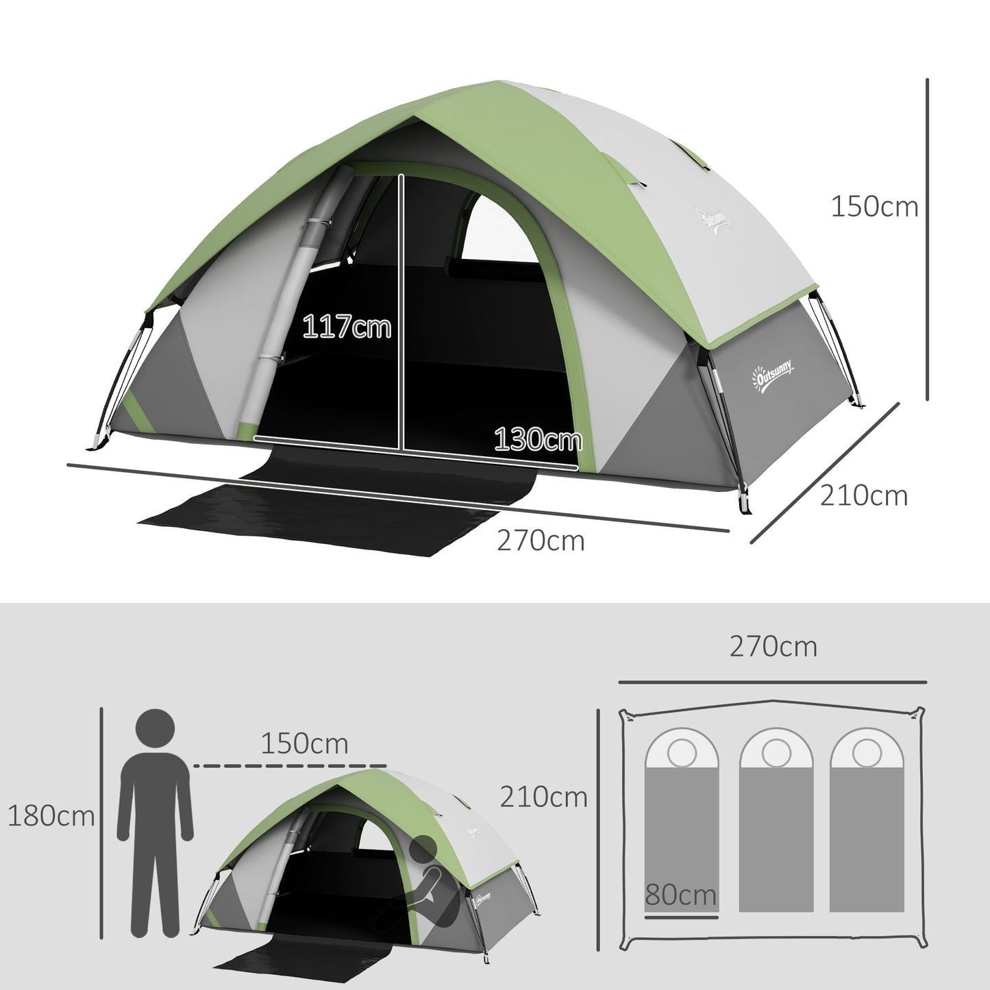Outsunny 4-5 Man Single Room Camping Tent, 3000mm Waterproof, with Sewn-in Groundsheet and Carry Bag, Grey and Green