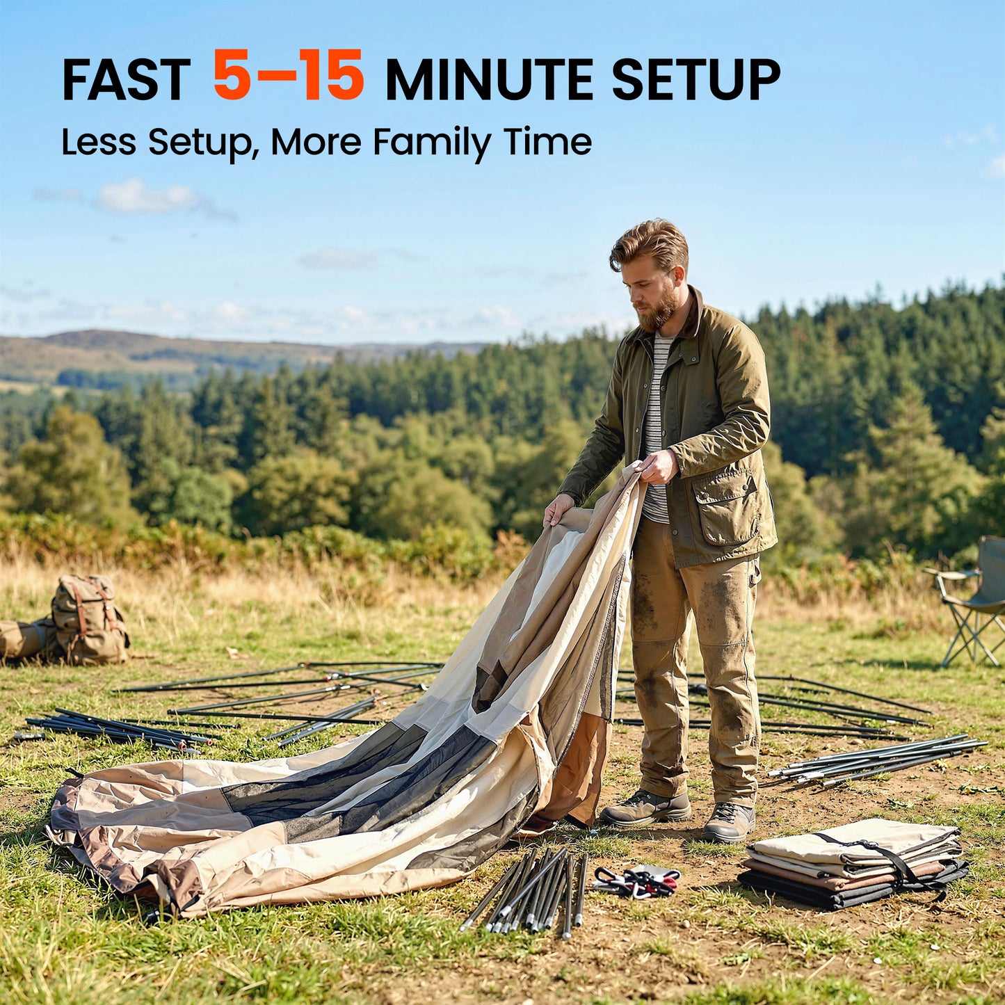 4-Person Cabin Camping Tent | 2 Rooms | 220cm Standing Height | 4 Skylights | 3000mm Waterproof | Sets Up in 5-15 Mins | 530 x 380 x 220cm | Brown & Khaki
