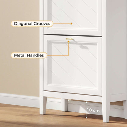 Farmhouse Narrow Shoe Cabinet | 3 Flip Drawers | Adjustable Shelves | 12-18 Pairs | Slim 26.5cm Depth | Max UK 9.5 | Anti-Tipping | MDF | 60x26.5x133.7cm | White
