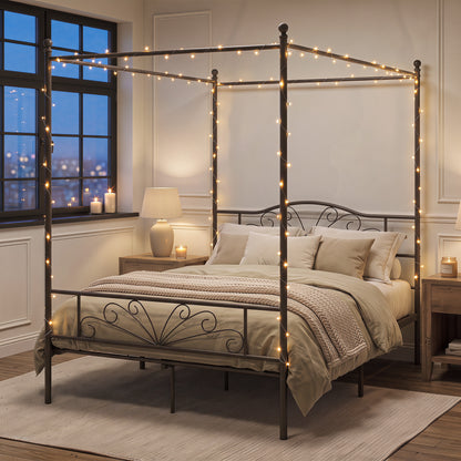 King Size Four-Poster Canopy Bed Frame | Headboard & Footboard | EVA-Padded Centre Bar | 12 Slats | 6 Legs | 29cm Under-Bed | 240kg | Mosquito Net Posts | 155.5x207x191cm | Black / White