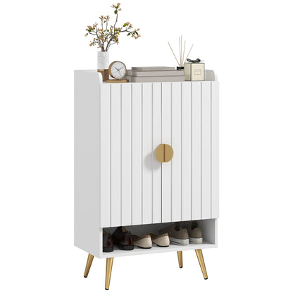 Modern Shoe Cabinet with 2 Doors, Open Shelf and Adjustable Shelves, Hallway Shoe Cupboard for 15 Pairs of Shoes, Entryway Storage Unit, White