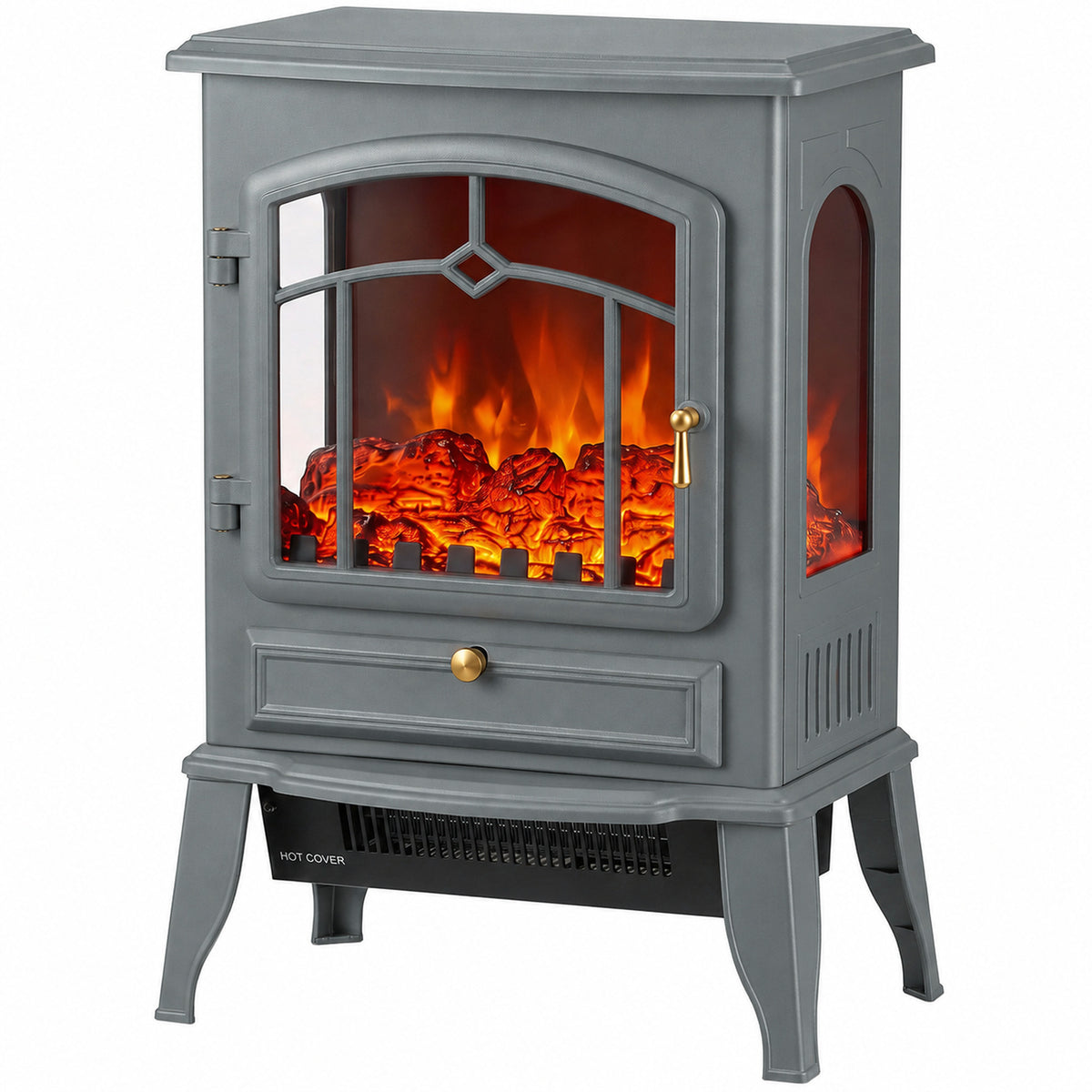 3-Sided Electric Fireplace Stove Heater | 1000/2000W Freestanding 3D Flame Effect with 10-35°C Thermostat | 15-30 m² | Brown, Grey or Black