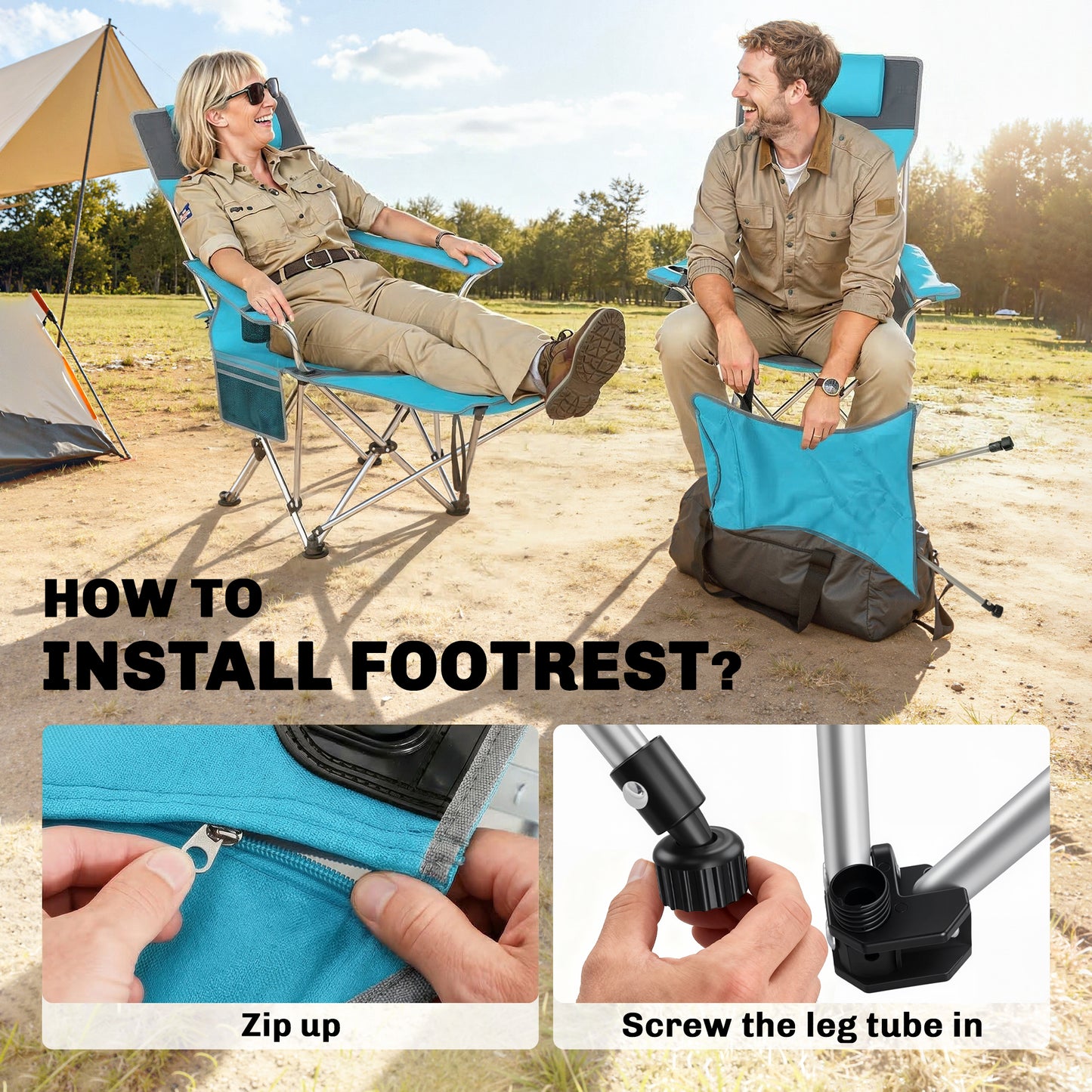 Outsunny Set of 2 Reclining Folding Camping Chairs – Detachable Footrest, Padded Headrest, Cup Holder, 600D Oxford, 120kg, Carry Bag – Blue & Grey