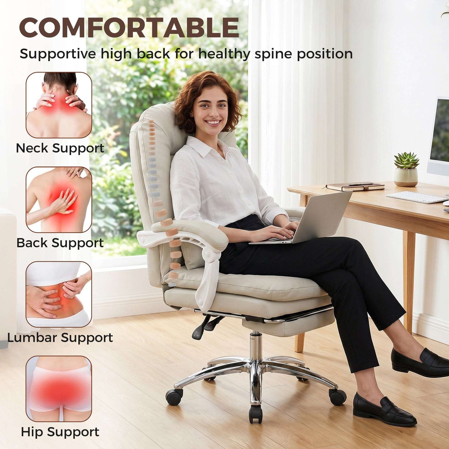 Ergonomic Executive Reclining Office Chair | 155° Recline | Retractable Footrest | Lumbar Pillow & Headrest | 16.5cm Seat Cushion | EN1335 & BS5852 Certified | 120kg Capacity | Khaki