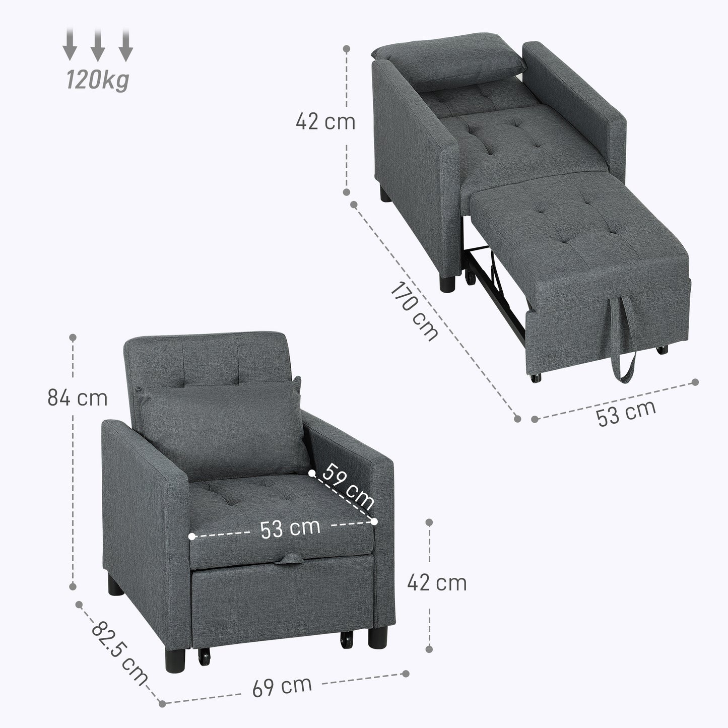 3-In-1 Chair Bed, Convertible Sleeper Chair with Adjustable Backrest, Pillow and Footrest for Living Room, Dark Grey