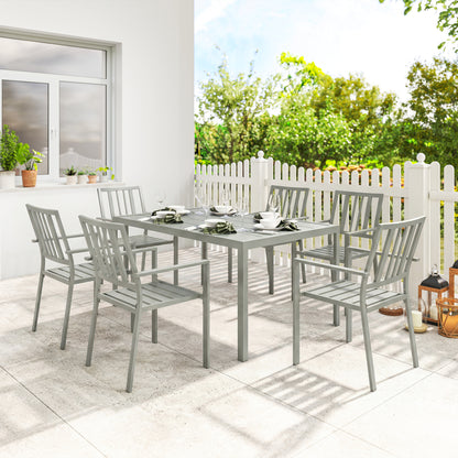 7-Piece Garden Dining Set | 152cm Table with Umbrella Hole | 6 Stackable Armchairs | Galvanised Steel | 120kg Per Chair | Seats 6 | 152 x 96.5 x 72cm | Light Grey