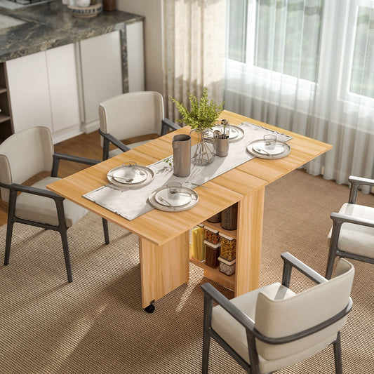 Retro Style Folding Dining Table, Drop Leaf Table for Small Spaces, Foldable Rectangular Tabletop with Storage Shelves for Kitchen, Dining Room, Teak