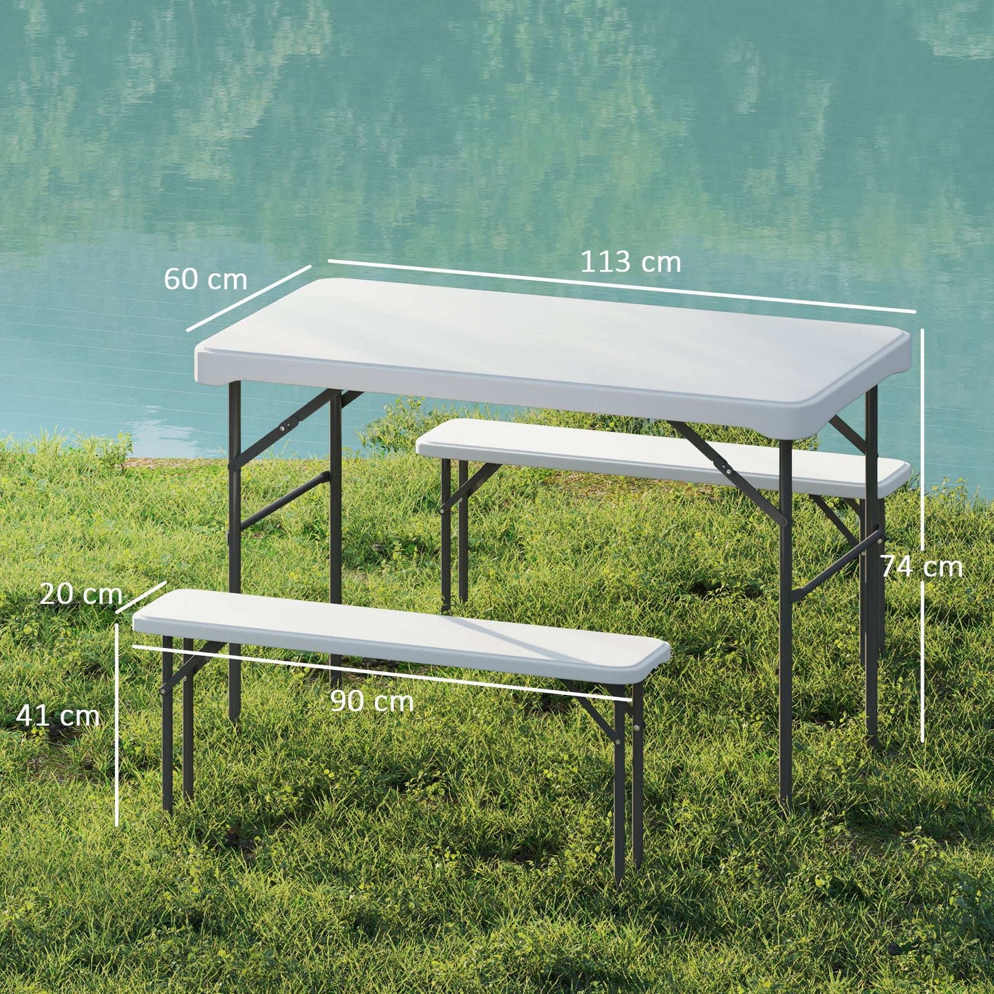 3 Piece 4ft Folding Picnic Table and Bench Set, Portable HDPE Camping Table and Chairs with Carrying Handle, Dining, Camping, Picnic, BBQ, Party, Light Grey