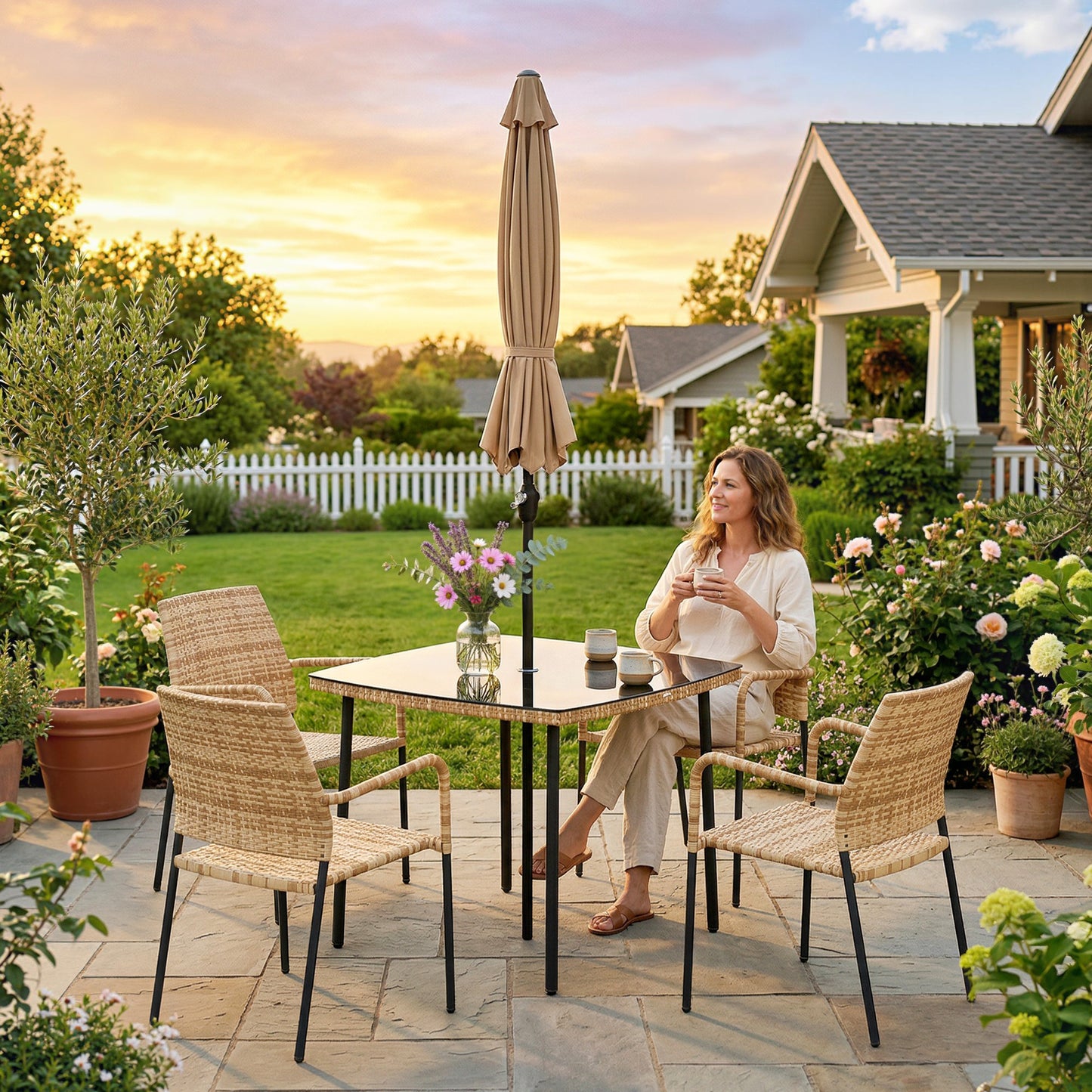 6-Piece 4-Seater Rattan Garden Dining Set | Parasol | Tempered Glass Table | Stackable Chairs | 120kg | Brown