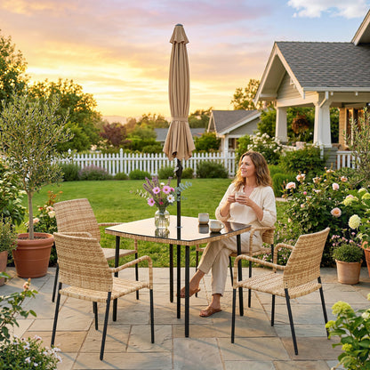 6-Piece 4-Seater Rattan Garden Dining Set | Parasol | Tempered Glass Table | Stackable Chairs | 120kg | Brown