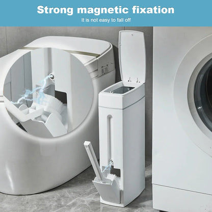 Slim Trash Can with Cleaning Brush and Lid Plastic Waste Basket Garbage Bucket for Bathroom Narrow Space