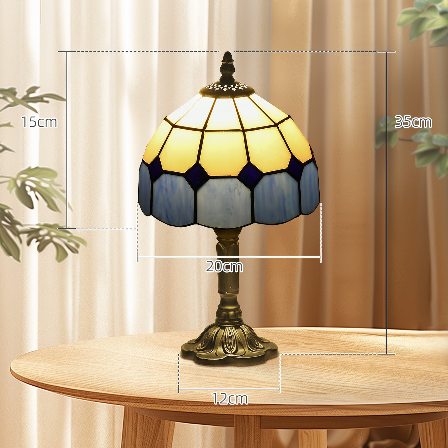 Handmade Stained Glass Table Lamp, Antique Style Bedside Lamp for Bedroom, Living room, Home, Nightstand, Decorative Night Light, Blue