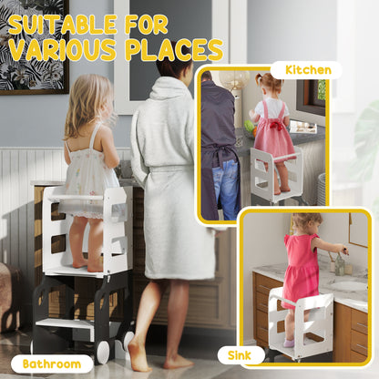 AIYAPLAY Toddler Step Stool, 4 in 1 Standing Tower, Foldable Toddler Step with Safety Rail, for Kitchen, Bathroom, Grey