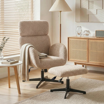 Swivel Armchair and Footstool Set, Height Adjustable Accent Chair with Adjustable Headrest, Rocking Function