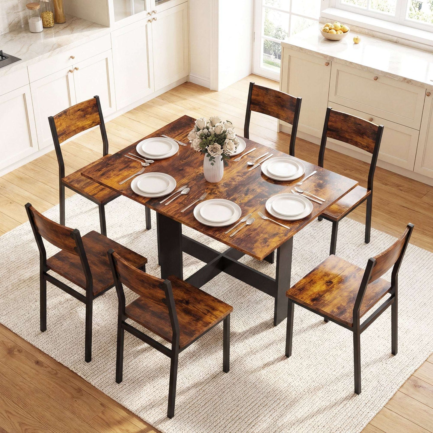 Retro Vintage Style Folding Dining Table, Space-Saving Drop Leaf Kitchen Table for 4-6 People Rustic Brown