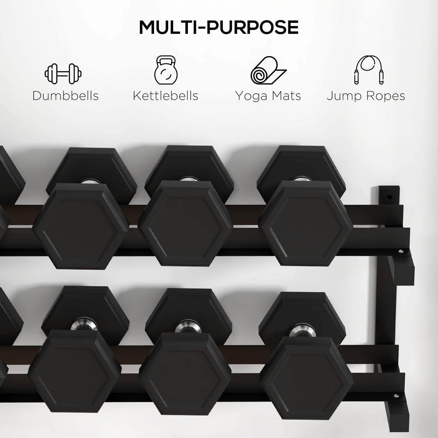SPORTNOW Wall-Mounted Dumbbell Rack, 2-Tier Weight Stand, Space-Saving and Multi-Functional Steel organiser for Home Gym, Black