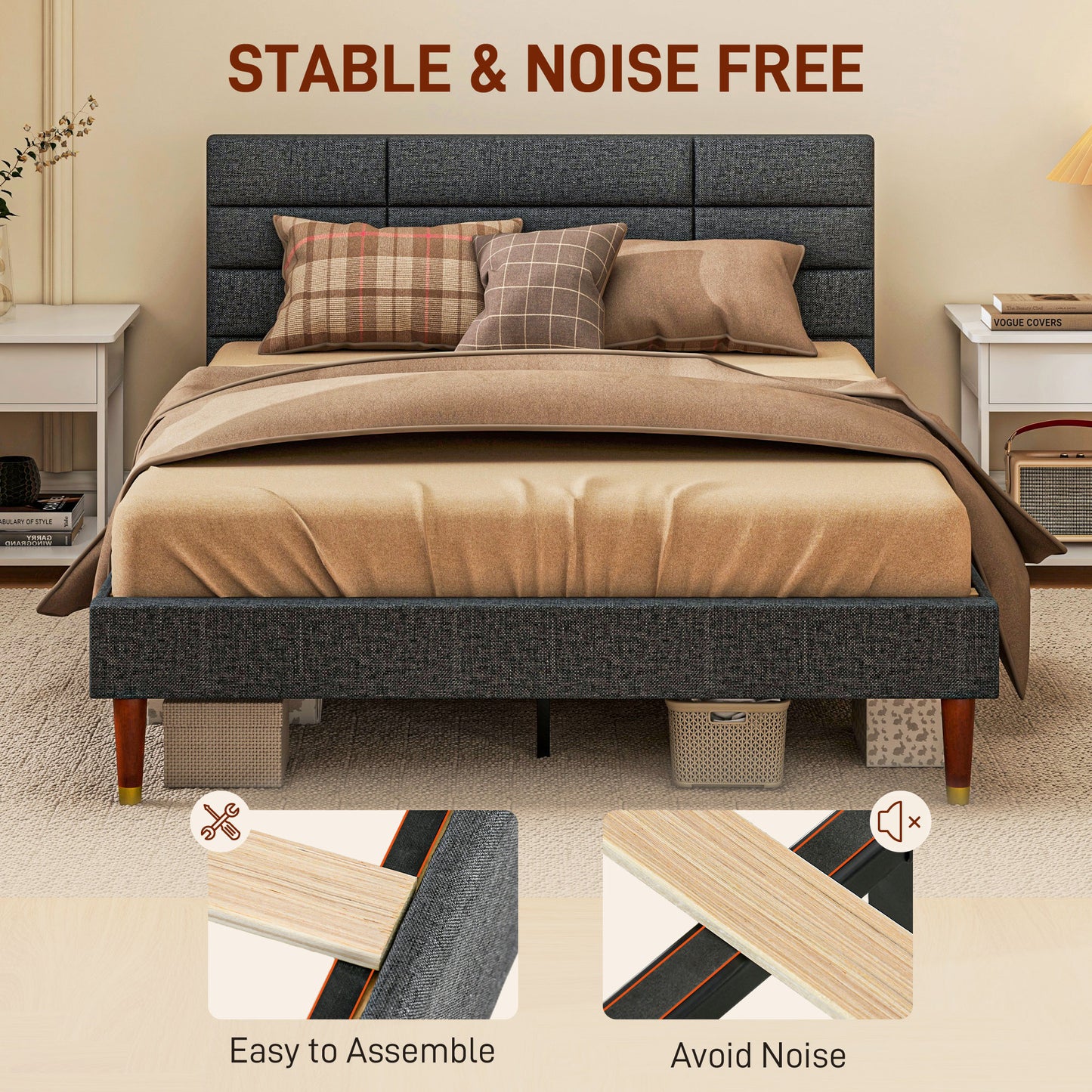 4 ft 5 Upholstered Double Platform Bed Frame with Underbed Storage Tufted Headboard Wood Slat No Box Spring Needed