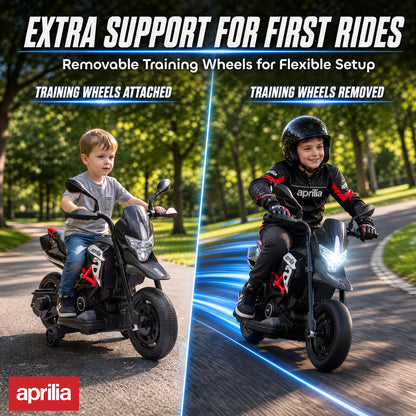 AIYAPLAY Licensed Aprilia 6V Kids Electric Motorbike | Removable Training Wheels | Headlight, Music & Horn | Forward & Reverse | Black | 18 Months–4 Years