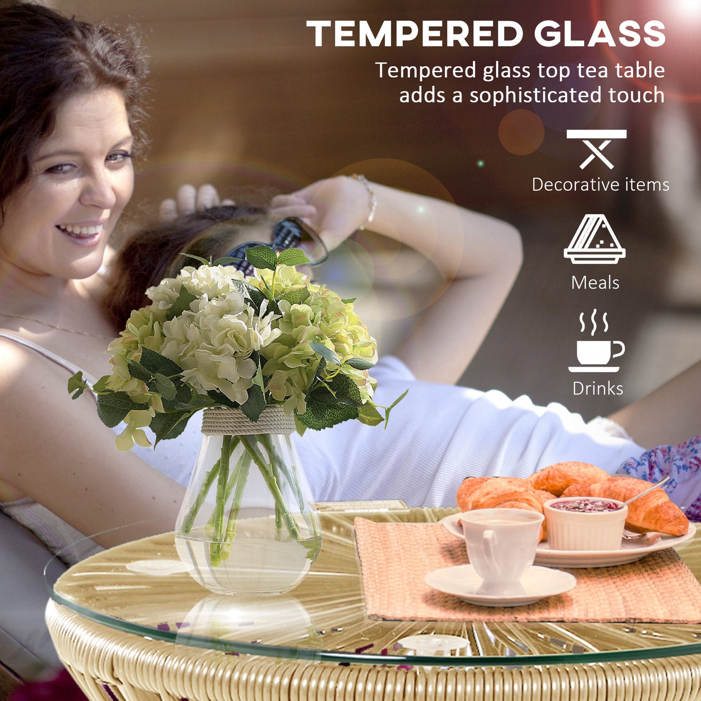 Round End Table, Rattan Side Table, Hollow Drum Design Coffee Table w/ Glass Tabletop for Patio, Garden, Balcony Natural