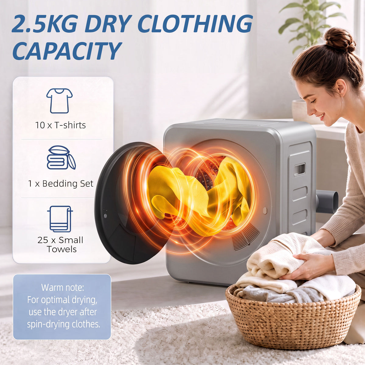 Compact Vented Tumble Dryer | Silver | 48x44x57cm | 800W | 4kg Wet 2.5kg Dry | 60°C Sterilise | Reverse Tumble | Touchscreen | Freestanding Stackable Wall-Mount | IPX4 | Auto-Stop