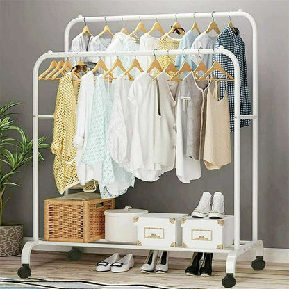 Heavy Duty Rolling Clothes Rack with Wheels Metal Coat Hanger Stand Shoes Storage Organizer